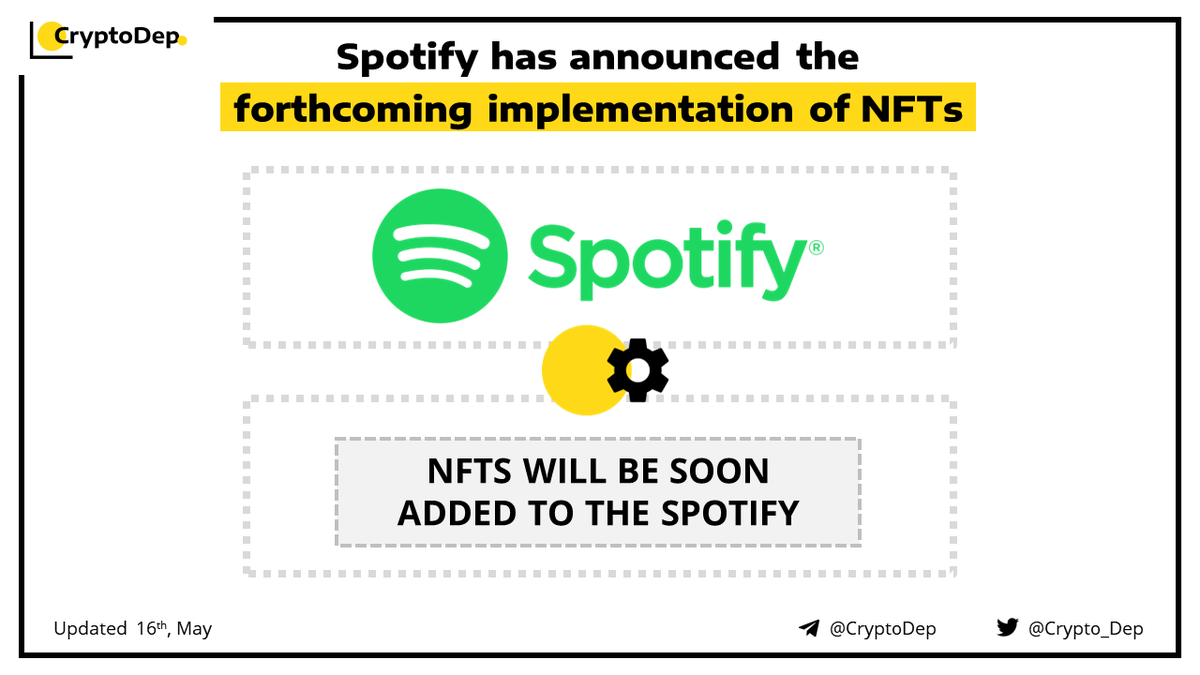 Crypto_Dep's tweet photo. ⚡️ @Spotify has announced the forthcoming implementation of NFTs 

#Spotify will enable artists' #NFT purchasing for selected US-based users. Artists may soon be able to promote their NFTs on Spotify. 

👉https://t.co/PKCVEr2b73 https://t.co/2JWkxtraRG