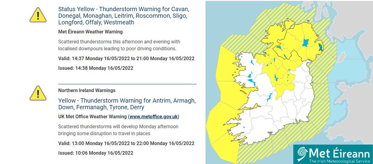 MetEireann's tweet photo. Status Yellow - Thunderstorm warning issued ⚠️ ⛈️

View all warnings here ⬇️
https://t.co/Xg3aMJlyuS https://t.co/3PROXaObrv