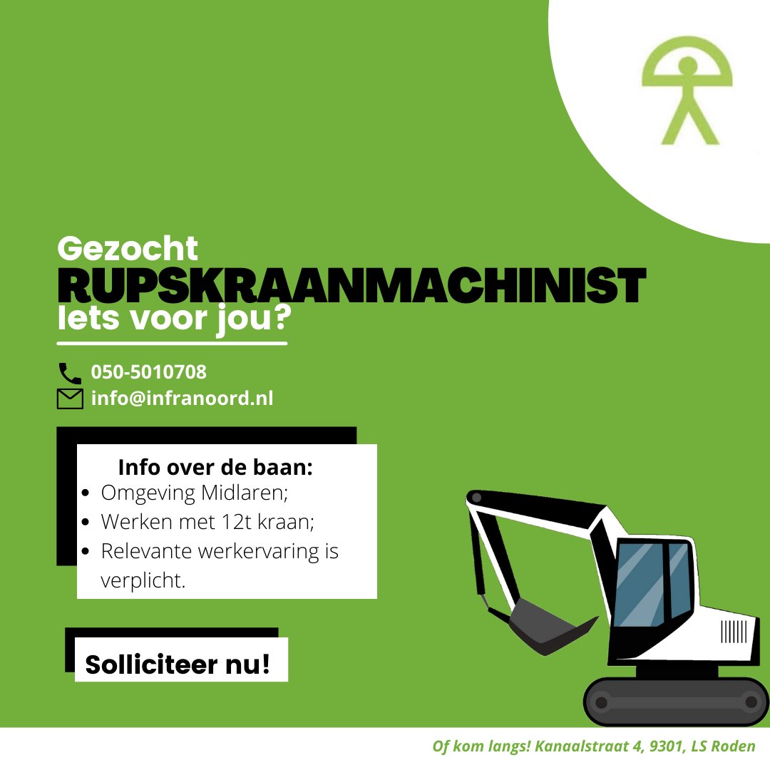 Voor een leuke opdrachtgever zoeken wij een ervaren rupskraanmachinist. Ben jij de machinist die wij zoeken? Voor meer info bel 050-5010708 of stuur ons een DM en wij nemen zo snel mogelijk contact met jou op!

#groningen #werk