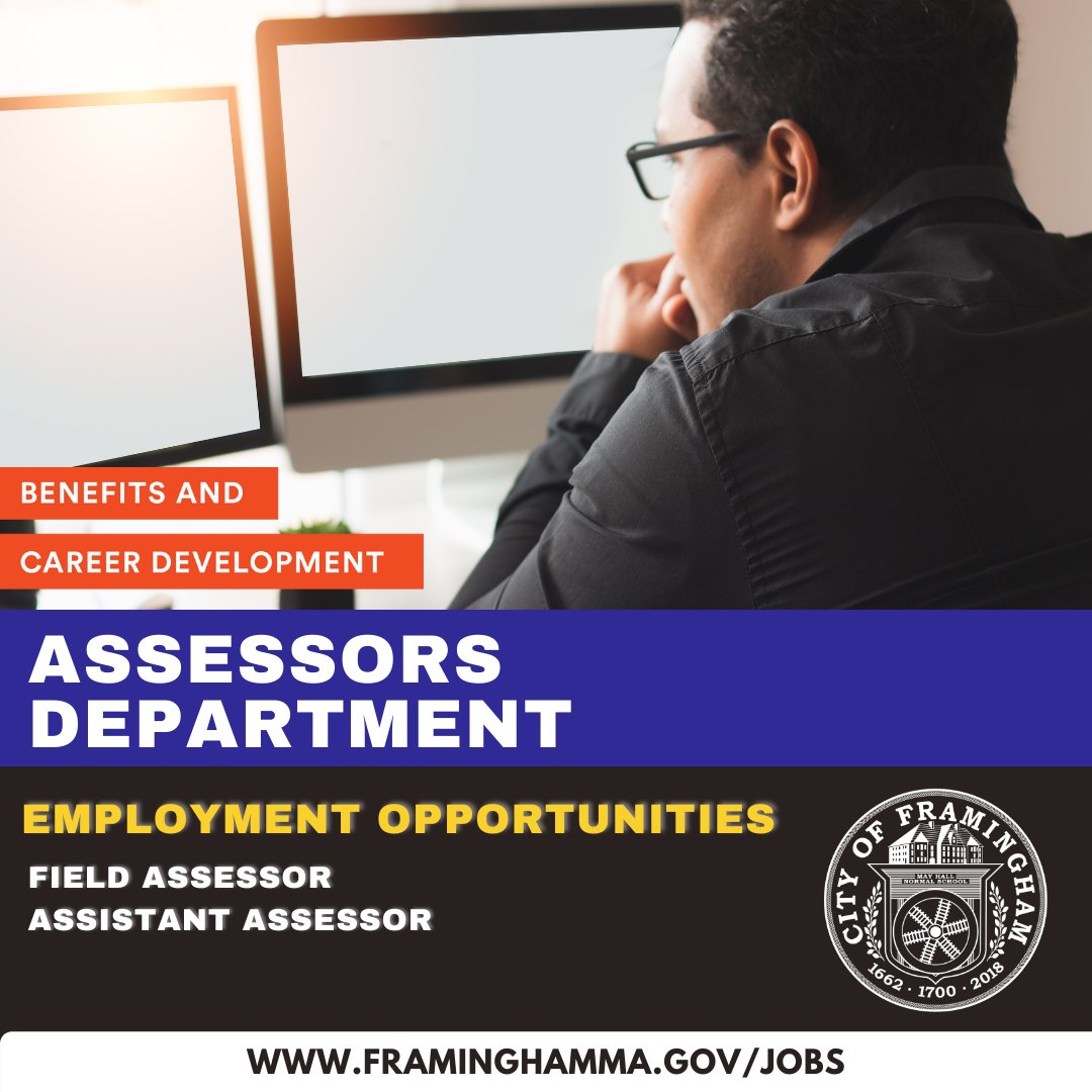 Framingham_MA's tweet photo. The Framingham Assessors Department is hiring:
• Field Assessor 
• Assistant Assessor
For more information and to apply, please visit:
https://t.co/rIePgWGQTs
#HiringAlert #jobapportunity https://t.co/2X7snxgiAE
