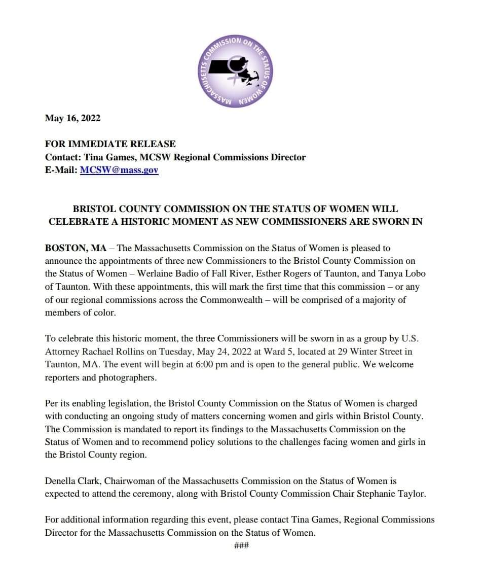 BCCSWMA's tweet photo. T 5/24, 6PM #Taunton • U.S. Attorney @DARollins to swear in new #BristolCountyMA Commissioners making @BCCSWMA the 1st Women's Commission in #Massachusetts with a majority of members of color.♀️🌟
#mapoli https://t.co/LENylhZc6b