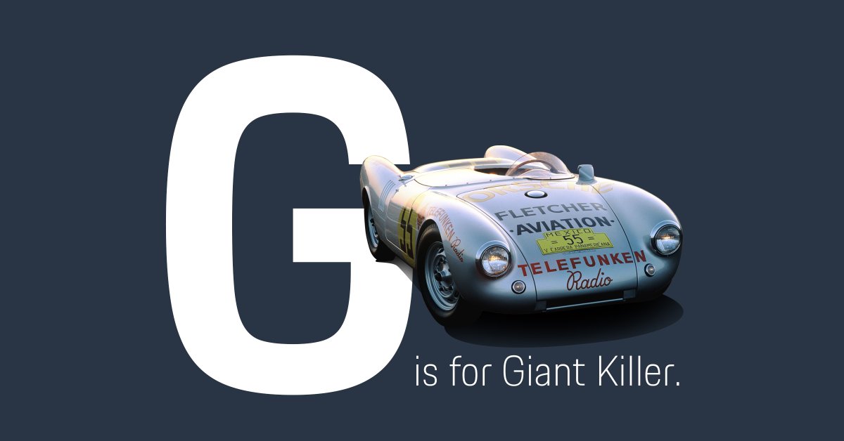 Porsche's tweet photo. Letter 7 of 26: “G” 

Is for Giant Killer. The nickname given to the 550 Spyder, after it continually defeated much bigger and more powerful opponents on the track. https://t.co/jGFhFgIzP2