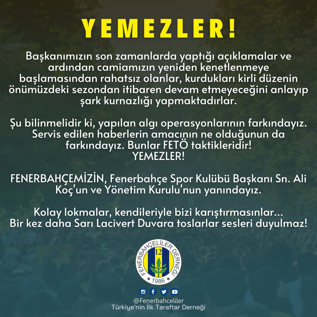 #Yemezler 
Sonuna kadar kulübümüzü, başkanımızı ve yönetimimizi savunacağız! Ve bu meydan hiçbir zaman boş kalmayacak...