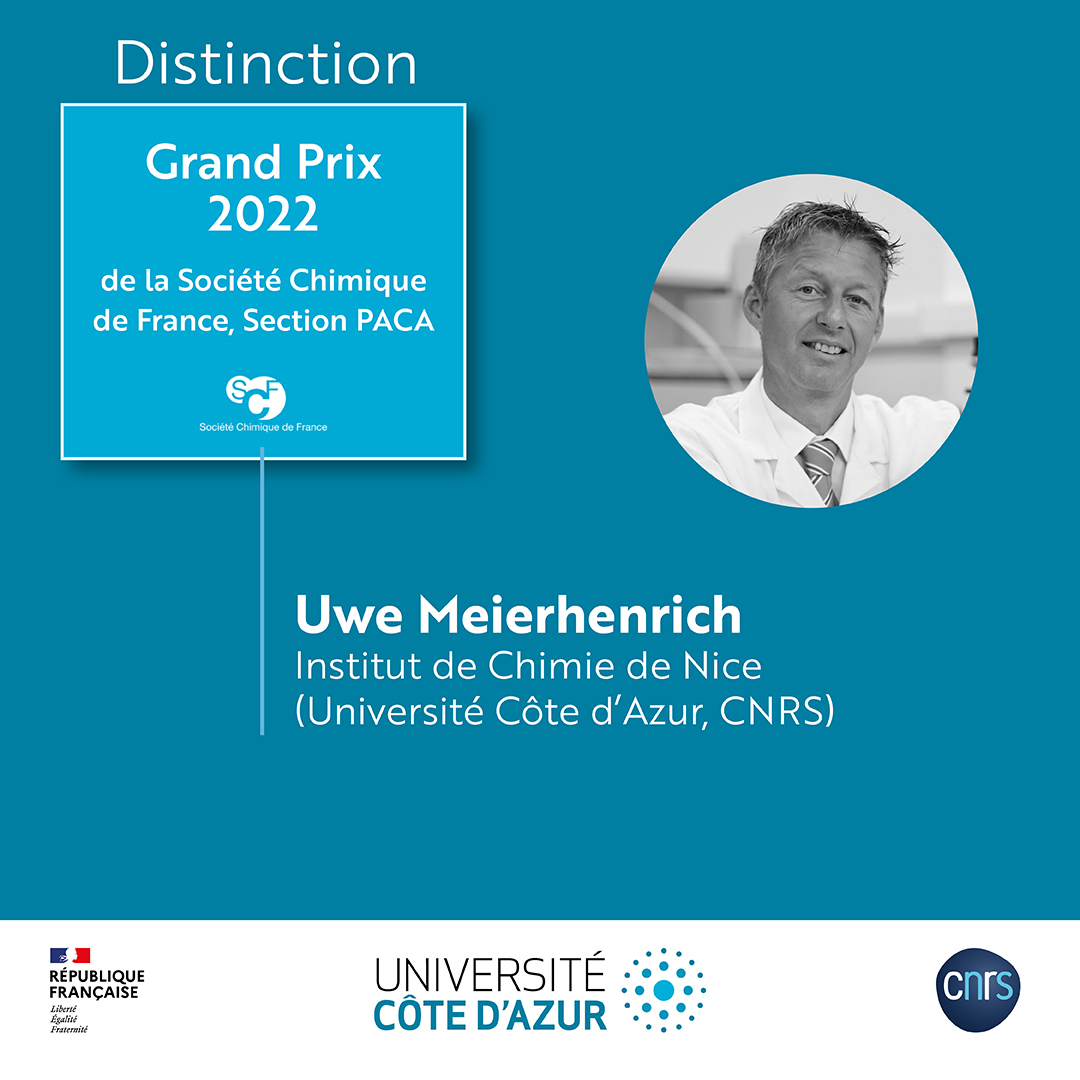 Univ_CotedAzur's tweet photo. [Distinction]

Félicitations au Pr. @MhenriU, directeur de @NiceChemistry qui reçoit le Grand Prix 2022 de la Société Chimique de France, Section PACA pour ses travaux sur en recherche scientifiques sur la chiralité.

#daretocreate #UnivCotedAzur #distinction #recherche  @CNRS https://t.co/msDK2JcLgS