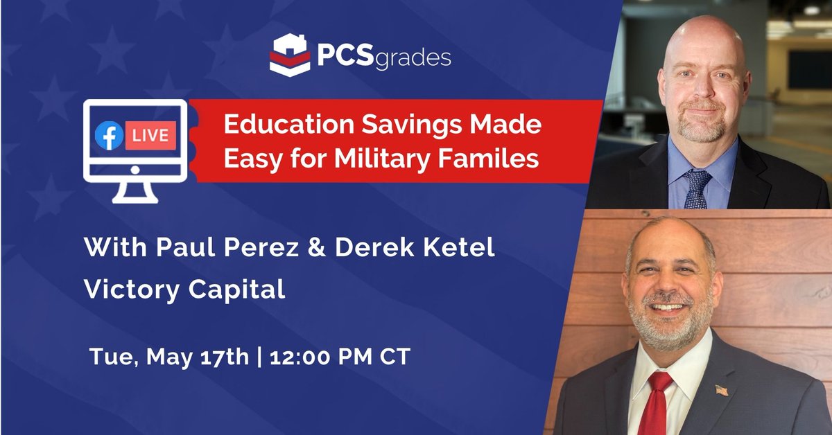 PCSgrades's tweet image. Do you have questions about education savings as you PCS from state to state? If so, then this webinar is for you! Our guests from @VCMtweets will outline education savings options and share how to get started.
#pcstips #militarylife #victorycapital #investments