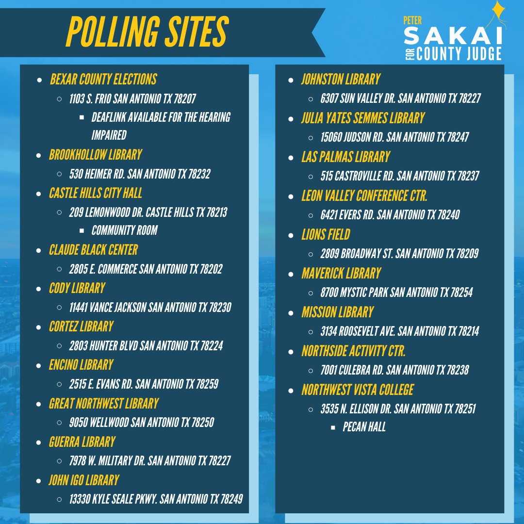 JudgePeterSakai's tweet photo. TODAY IS THE DAY! #earlyvoting kicks off TODAY and will continue until THIS FRIDAY, MAY 20! There will be NO WEEKEND voting so take advantage of the short lines and hours this week.
Here are some things to keep in mind when you go #votesakai: a thread 🧵 https://t.co/2gF5eIuhQq