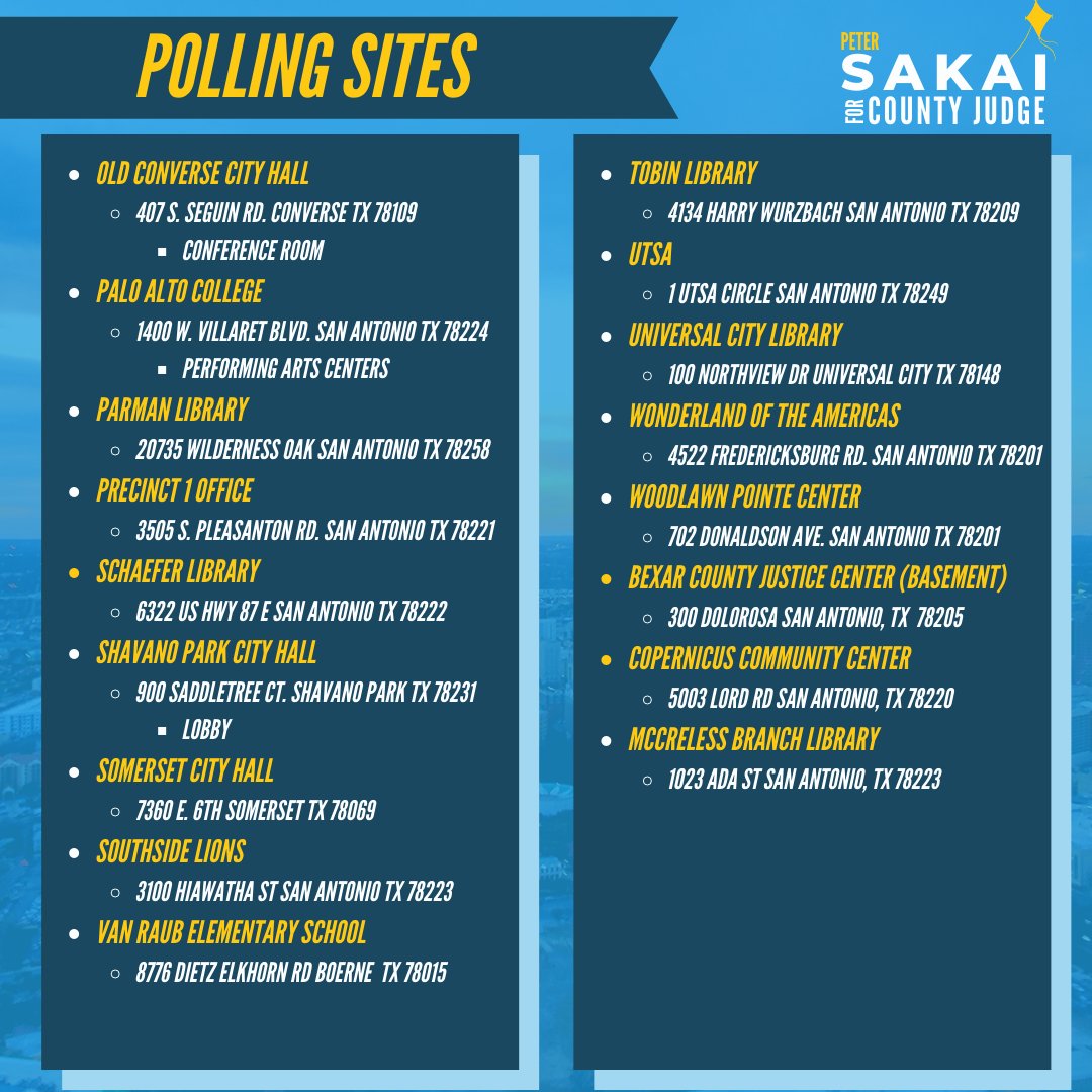 JudgePeterSakai's tweet photo. TODAY IS THE DAY! #earlyvoting kicks off TODAY and will continue until THIS FRIDAY, MAY 20! There will be NO WEEKEND voting so take advantage of the short lines and hours this week.
Here are some things to keep in mind when you go #votesakai: a thread 🧵 https://t.co/2gF5eIuhQq