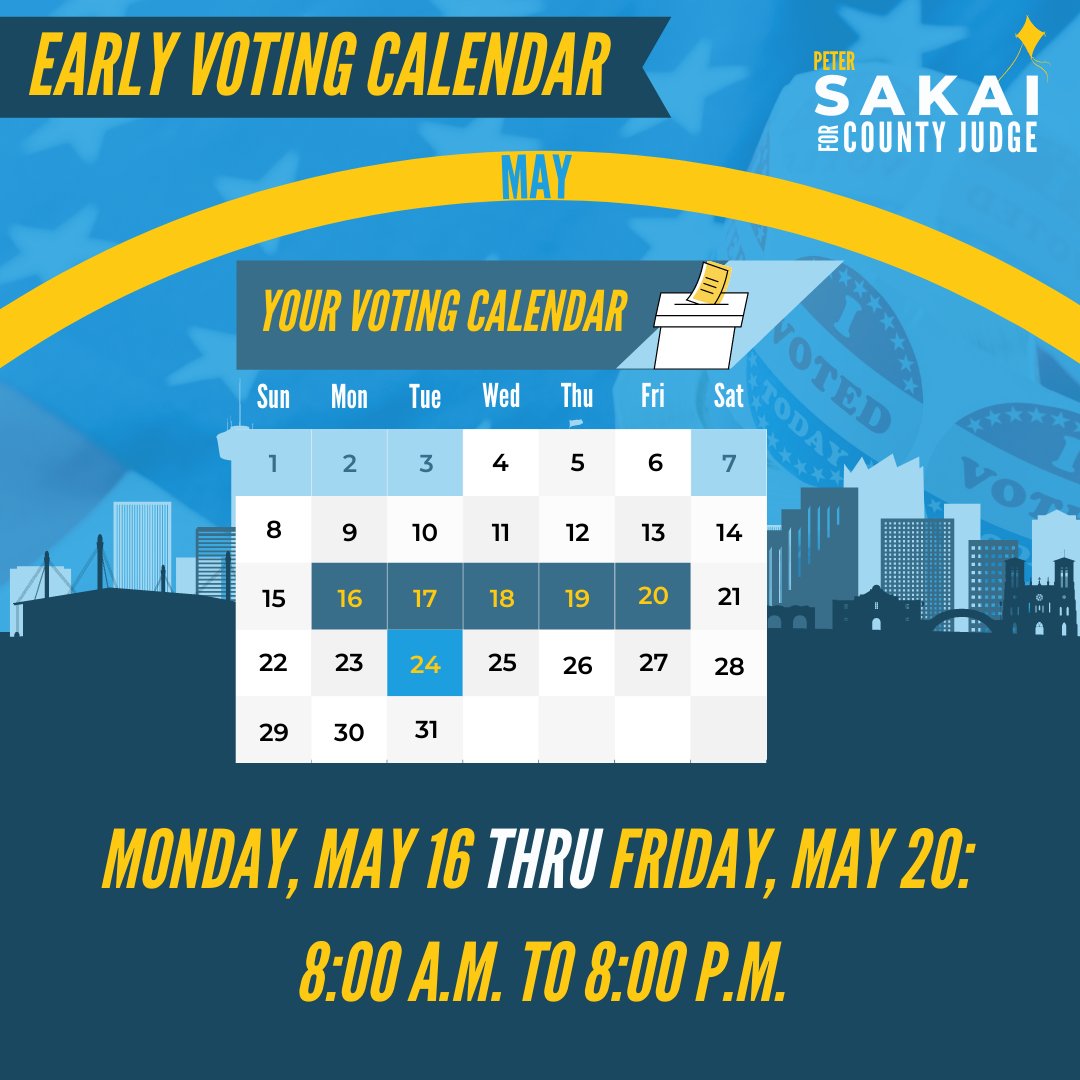JudgePeterSakai's tweet photo. TODAY IS THE DAY! #earlyvoting kicks off TODAY and will continue until THIS FRIDAY, MAY 20! There will be NO WEEKEND voting so take advantage of the short lines and hours this week.
Here are some things to keep in mind when you go #votesakai: a thread 🧵 https://t.co/2gF5eIuhQq