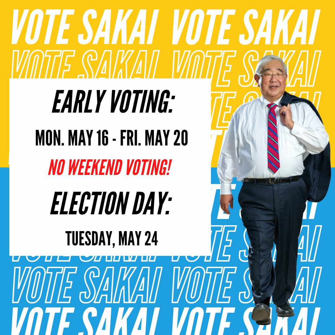 JudgePeterSakai's tweet photo. TODAY IS THE DAY! #earlyvoting kicks off TODAY and will continue until THIS FRIDAY, MAY 20! There will be NO WEEKEND voting so take advantage of the short lines and hours this week.
Here are some things to keep in mind when you go #votesakai: a thread 🧵 https://t.co/2gF5eIuhQq