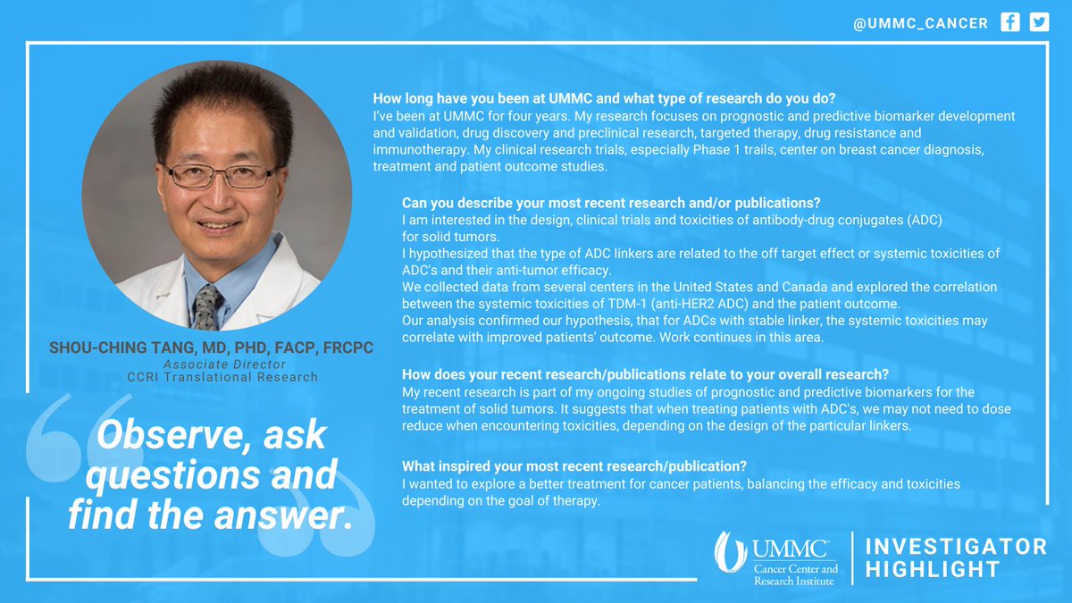 UMMC_Cancer's tweet photo. #CCRIHighlight: Dr. Shou-Ching Tang, CCRI associate director for translational research & professor of hematology/oncology, leads the CCRI Phase 1 clinical trial program. His lab work focuses on breast cancer, how it starts and spreads, and seeking new ways to prevent or halt it. https://t.co/hv1opj53w5