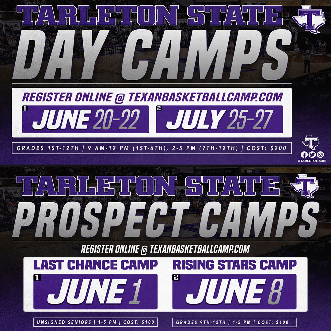 TarletonMBB's tweet photo. Our annual summer basketball camps are officially just weeks away from returning 🔥

We've got 2️⃣ prospect camps and 2️⃣ day camps on the docket! Click on the link below or visit https://t.co/8liVvuz1G5 to reserve your spot now ⬇️

🔗| https://t.co/ShEpBNaFZ5 https://t.co/mGqUHTnQjG