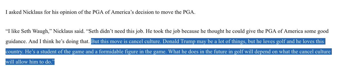KylePorterNS's tweet photo. Jack Nicklaus told Michael Bamberger that the PGA moving from a Donald Trump course to Southern Hills was a cancel culture move. https://t.co/nuHiLoQNiF https://t.co/8hhvFLkI9Y