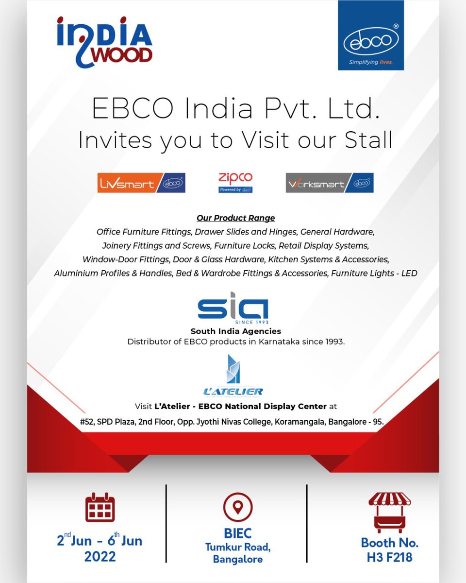 south_agencies's tweet photo. We invite you to visit our Ebco Stall to Explore and Experience our Wide Range of Products at Booth No. H3 F218 from 2nd June 2022 to 6th June 2022.
#Ebco #exhibition #livsmart #worksmart #sia #zipco #Indiawood #hardware #generalhardware https://t.co/Szn6mQhYgd