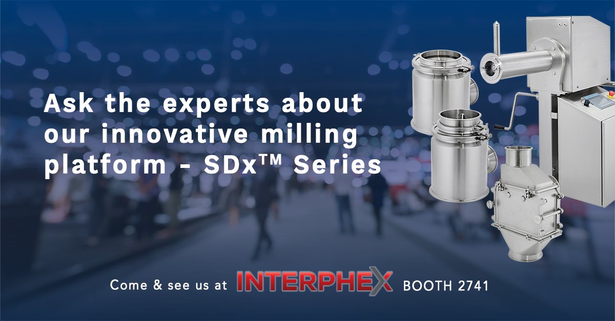 MillingQuadro's tweet photo. Quadro are returning to #INTERPHEX in NYC, May 24-26, Booth #2741.

Don't miss our SDx Series™ on stand this year - the world's most advanced production-scale milling &amp; screening platform offering three distinct powder processing solutions on a single, common drive. 

#milling https://t.co/unUnPSnQ4o