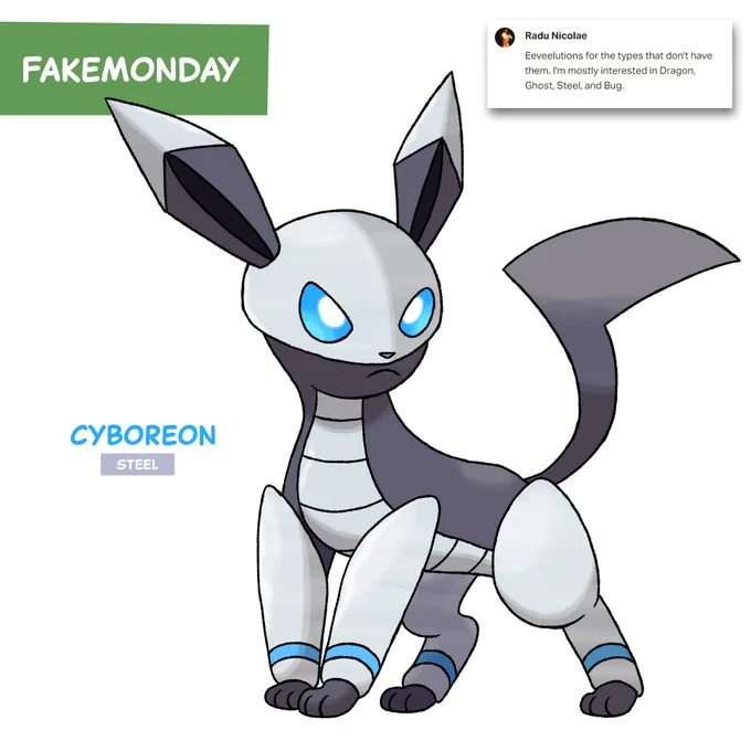 Another great idea by intern @Corvux_. No Eeveelution with a knight's armor, but a cyborg/mech! Hey, you keep upvoting Eeveelutions so I'll keep making 'em!

#pokemon #pokemonday #fakemon #fakemonday #eevee #nintendo 