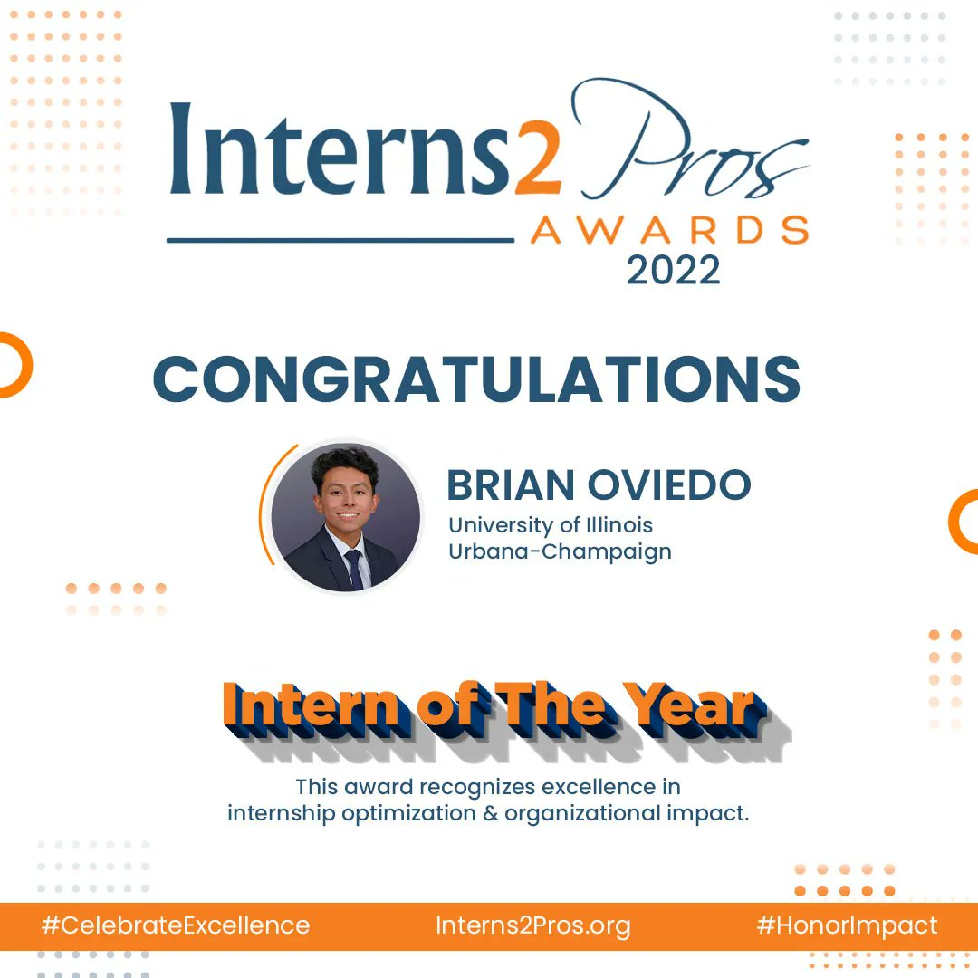 Congrats again to Brian Oviedo for winning Intern of The Year as part of our 2022 Interns 2 Pros Awards! With over 300 great nominees this time around, Brian's commitment to excellence &amp; impact was truly epic. He has a very bright future ahead! #StayTuned 
#Interns #Interns2Pros