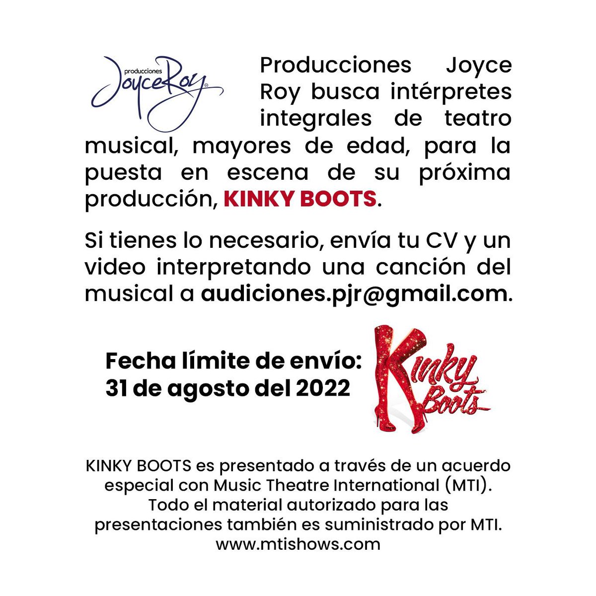 JoyceIRoy's tweet photo. #ProduccionesJoyceRoy  busca intérpretes integrales de teatro musical, mayores de edad, para su próxima producción, #KinkyBootsRD.
Envía tu CV y un video interpretando una canción del musical a audiciones.pjr@gmail.com

Fecha límite de envío: 31 de agosto del 2022. https://t.co/yvPeGM6srz