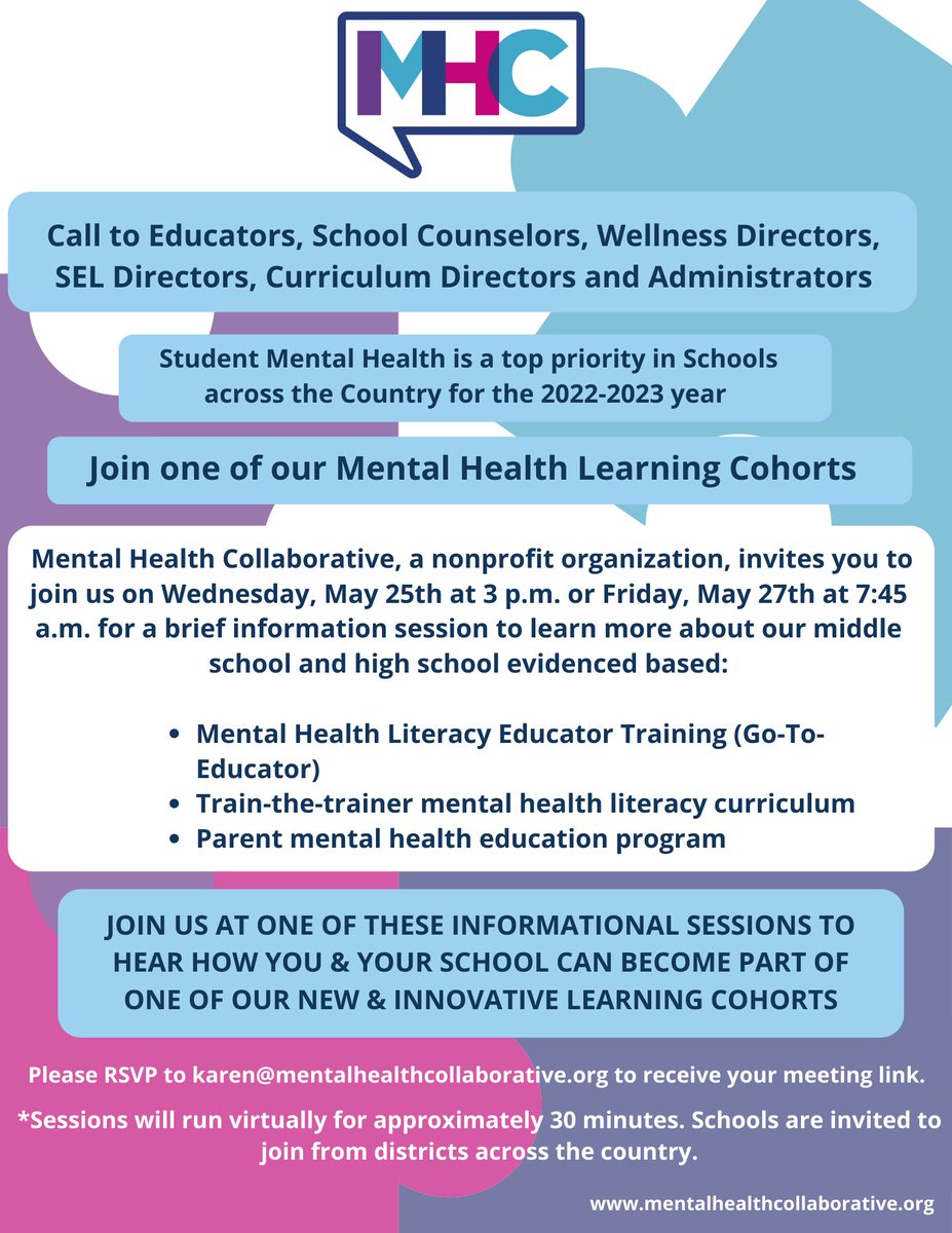 mwrcsp's tweet photo. Are you an educator, school counselor, wellness director, SEL director, curriculum director, or administrator? If so, this session might be for you. May is mental health awareness month, but the learning continues all year. https://t.co/LFnRDsnCDF
