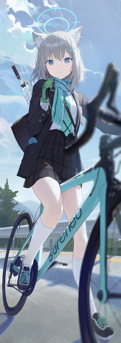 shiroko (blue archive) bicycle 1girl white socks halo skirt scarf ground vehicle  illustration images