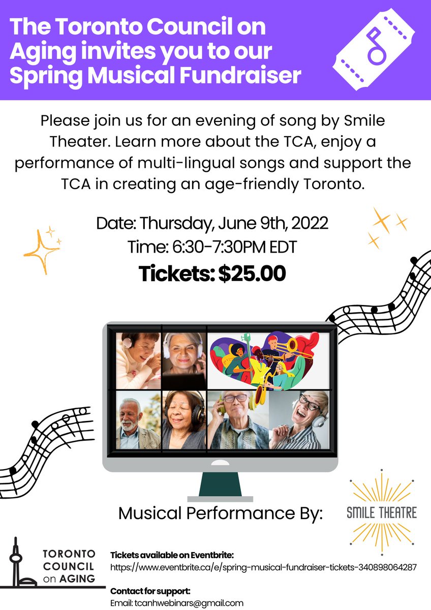 TOAging's tweet photo. The TCA invites you to join us for our Spring Musical Fundraiser: an evening of song by Smile Theatre. Learn more about the TCA and enjoy a program of multi-lingual songs. To purchase tickets please visit: https://t.co/Rj8z5xQuri https://t.co/uMuX0zHxBg