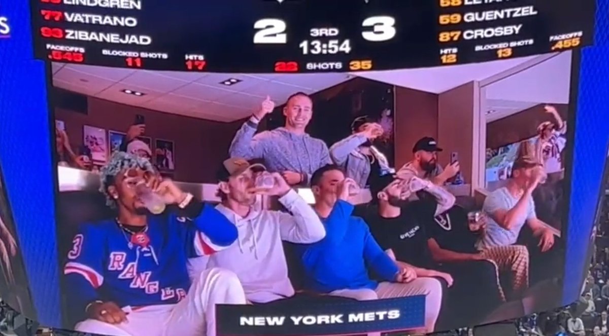 TooGooden17's tweet photo. All the Mets pounding their drinks at the Rangers game last night...except Brandon Nimmo. https://t.co/UWnRA0PRlD