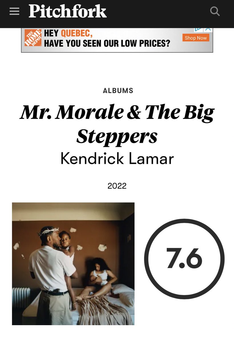 nfr_podcast's tweet photo. Pitchfork has given a final score of 7.6 for their review of Mr. Morale &amp; The Big Steppers

This is the LOWEST score they have ever given him…

Thoughts? https://t.co/j0BIoT94gt