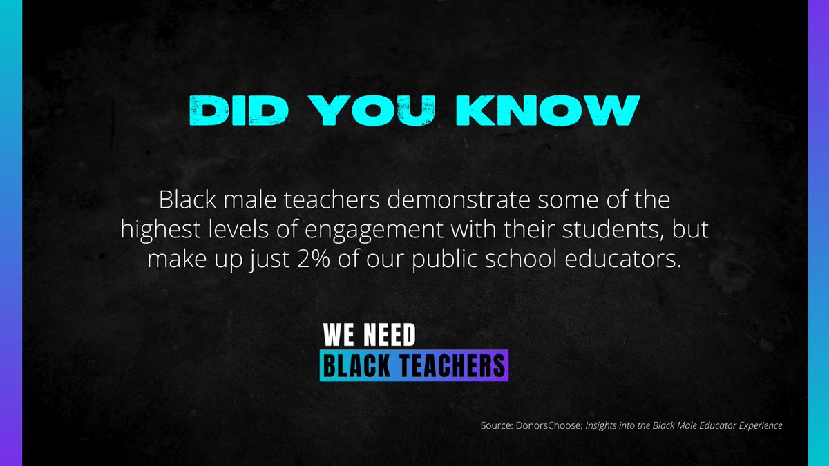 Did you know... Black male teachers demonstrate some of the highest levels of engagement with their students, but make up just 2% of our public school educators. #WeNeedBlackTeachers