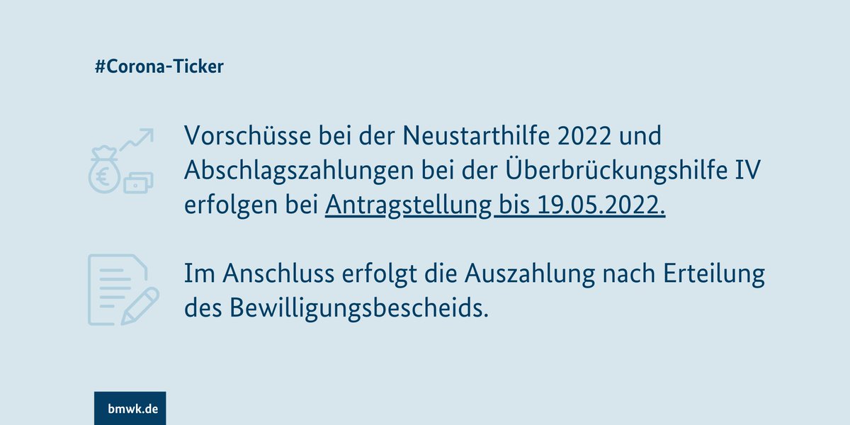 BMWE_'s tweet photo. #Corona-Ticker: Bei einer Antragsstellung bis 19.05. profitieren Antragstellende vom Vorschuss bei der #Neustarthilfe 2022 bzw. der Abschlagszahlung bei der #Überbrückungshilfe IV. Bei späterer Antragstellung erfolgt die Auszahlung nach Erteilung des Bewilligungsbescheids. https://t.co/1LBUmJd2Hv