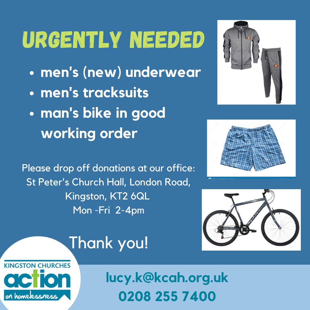 Can you help? We urgently need donations of men's underwear (brand new only please), men's track suits and a man's bike (in really good working condition).  Please see pic for full details. Thank you so much! 
#donate #homelessness #kingstonuponthames