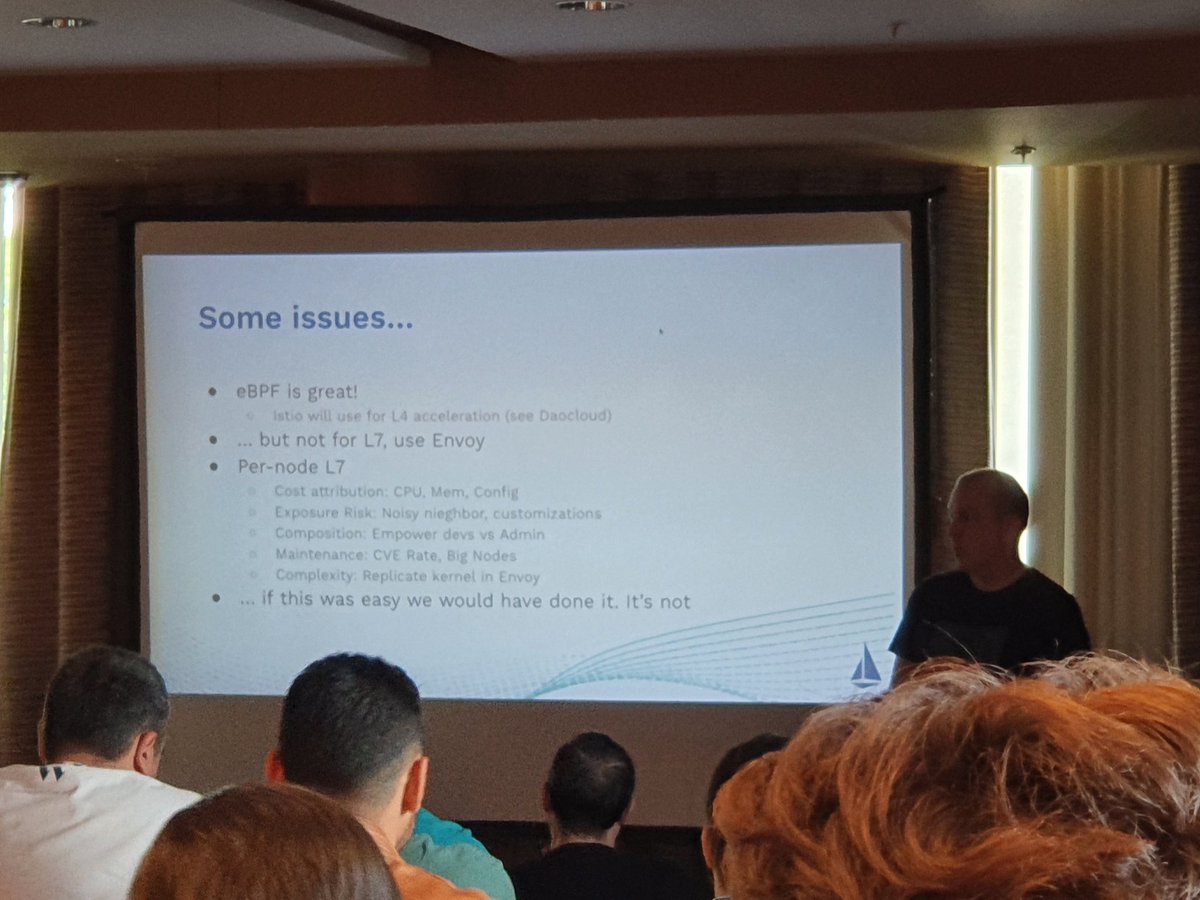 danielbryantuk's tweet photo. Some very interesting commentary and opinion on eBPF for use in service mesh, by @louiscryan at #ServiceMeshDay
My interpretation: eBPF is great for extending capabilities for handling Layer 4 traffic, but something like @EnvoyProxy (with WASM?) will be better for Layer 7 https://t.co/QG03mKO9sy