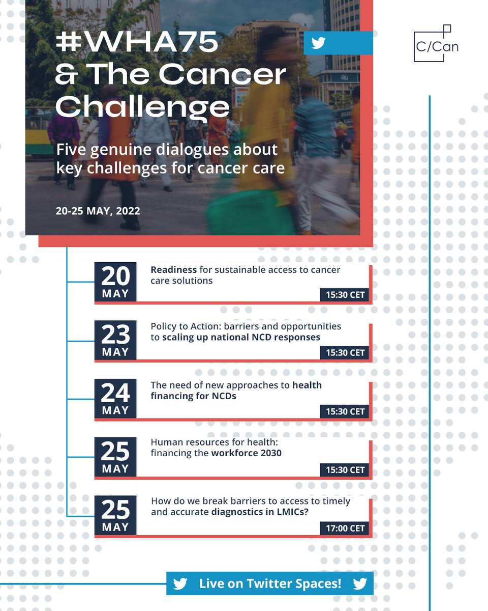 Join us live next week during #WHA75 on #TwitterSpaces! 🔊 We have organised a series of five genuine dialogues about the key challenges for #cancer care: