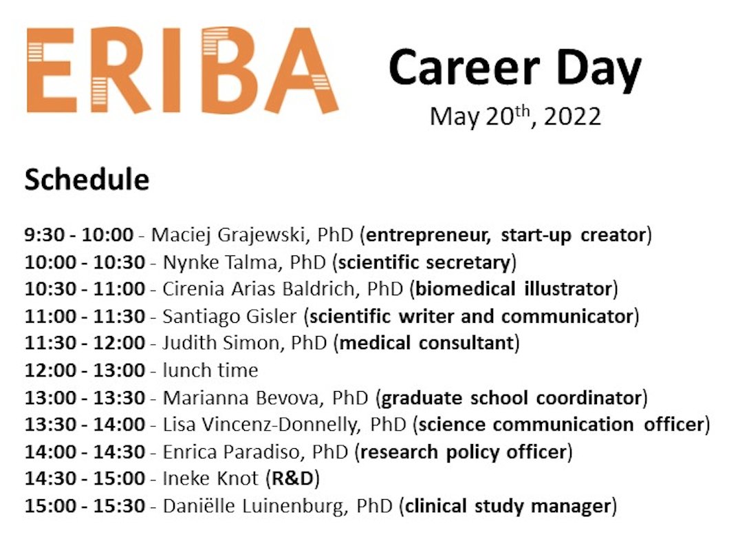 UMCG_ERIBA's tweet photo. Are you currently doing a PhD, and are wondering if you want to pursue a career outside of academia after? 

Then join us for the ERIBA career day on the 20th of May! https://t.co/p21Ym0PC6z