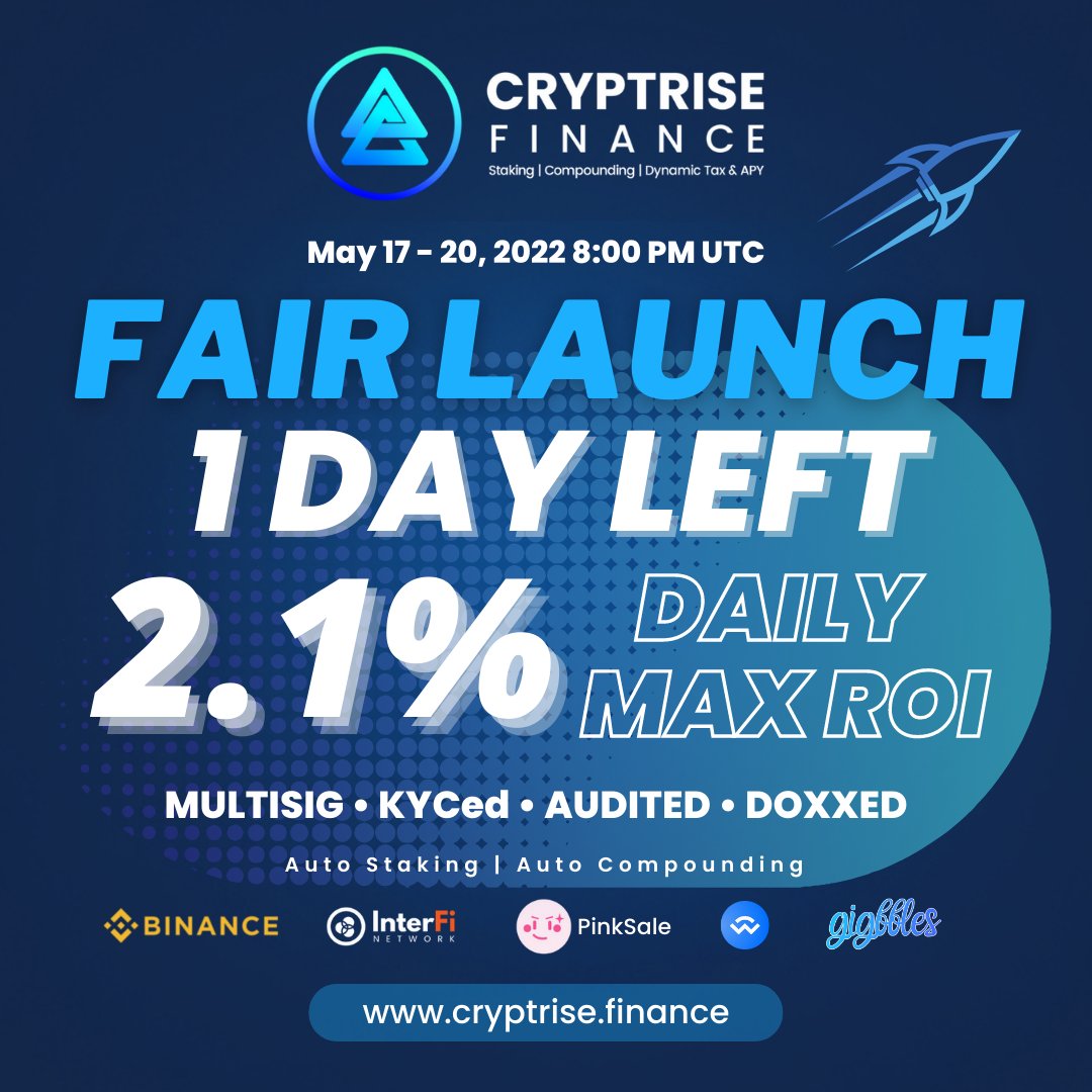 cryptrise's tweet photo. Hello @cryptrise Fam, 1 Day to go 🔥 🚀. Do not miss this opportunity.

✅Multisig
✅KYCed
✅AUDITED
✅DOXXED
✅Qlass Integration
Join us in Discord:https://t.co/fIe72yqEzR

#Fairlaunch #BSC #cryptocurrency
#BSCgems #Staking #RebaseAPY https://t.co/Ez97ftOq9O