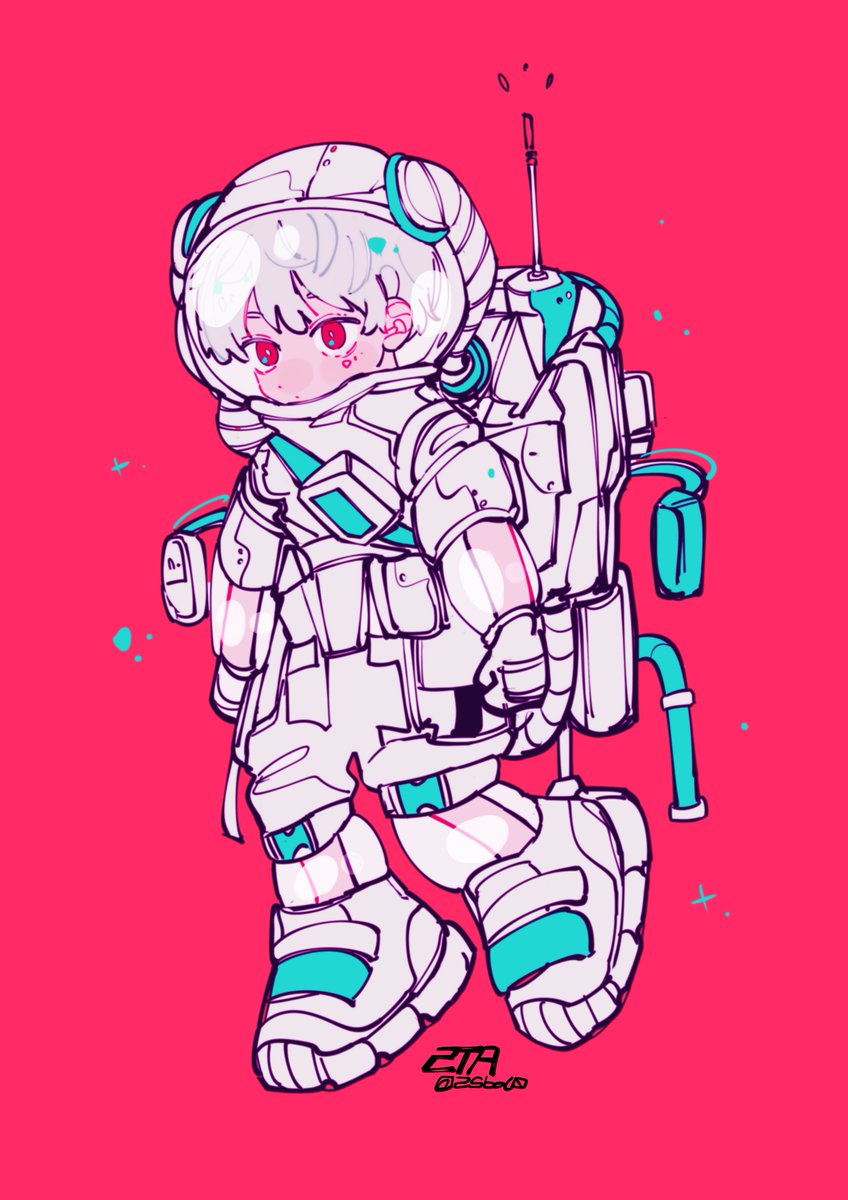 solo 1girl white hair red background space helmet spacesuit red eyes  illustration images