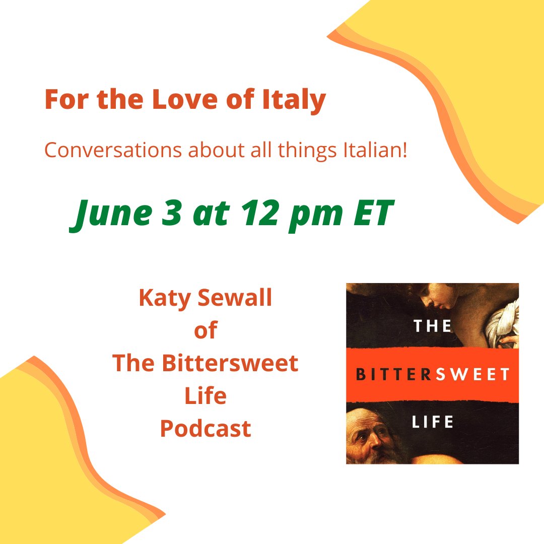 Melanie532's tweet photo. Join Dennise, our digital media manager, on Instagram on Friday June 3 at 12 pm ET. Each month on For the Love of Italy, she welcomes different fans of all things Italian via live sessions. This month, her guest is @KatySewall of @BitterSweetPod !

#allthingsitalian #Expatlife https://t.co/sn9oTrJNI0