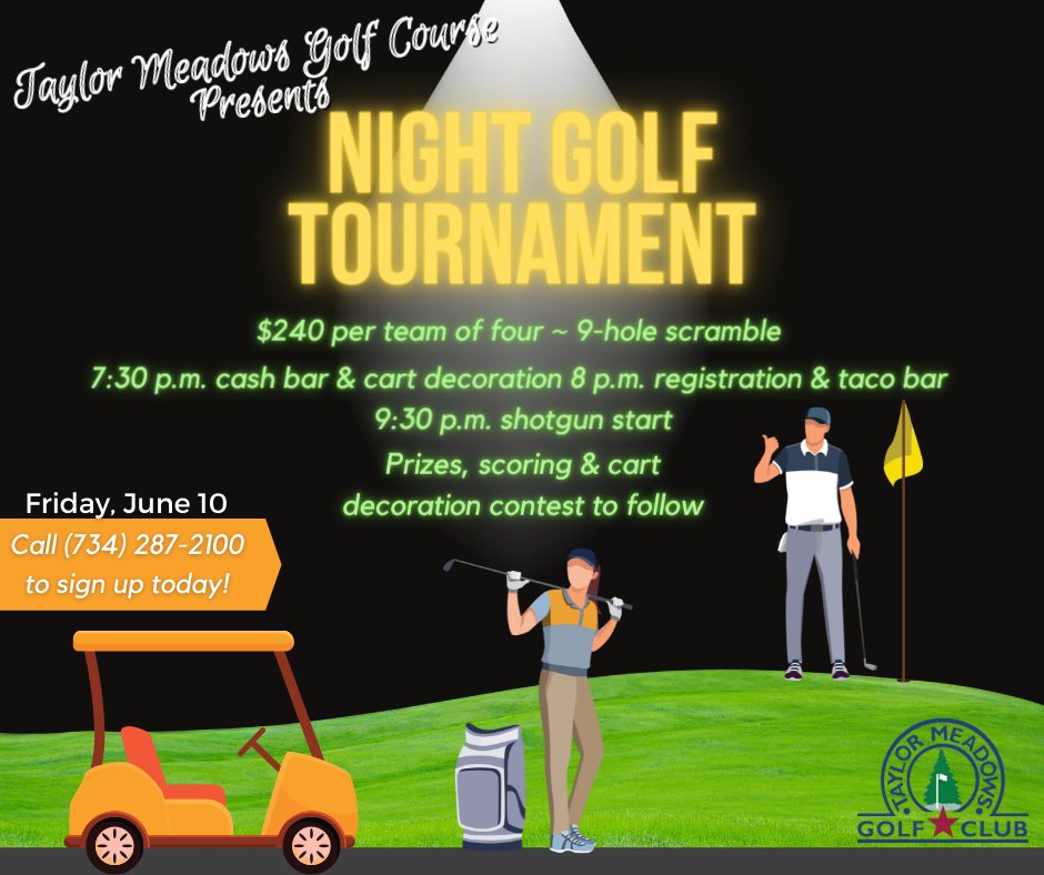 LakesofTaylor's tweet photo. Night Golf Tournament Registration NOW OPEN inside the pro shop @taylormeadows89 🌙⛳️ Get your foursome together &amp; sign up now! https://t.co/MlEUETmPBr