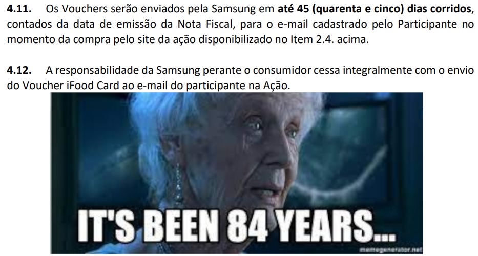 victro's tweet image. Chegará o dia no qual a @SamsungBrasil honrará os termos da promoção "CASHBACK IFOOD" do site deles e respeitará seus clientes. Chegará o dia, mas de certo não foi hoje. Já passaram 52 dias e contando...

FYI @SamsungSupport @SamsungMobile