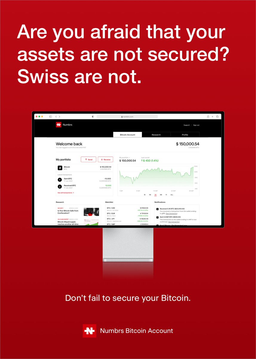 OwnYourBitcoin's tweet photo. Securely store your #Bitcoin in Switzerland with Numbrs. Start your free trial today: https://t.co/AJbFCvo96X

#Numbrs #dontfailtosecureyourbitcoin https://t.co/ZZizr0iz1n
