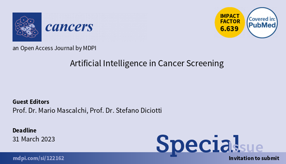 🔊🆕Special Issue “Artificial Intelligence in Cancer Screening” edited by Prof. Dr. Mario Mascalchi and Prof. Dr. @sdiciotti is now open for submissions!👏 🗓Deadline for manuscript submissions: 31 March 2023. Find more details here➡️ mdpi.com/journal/cancer…