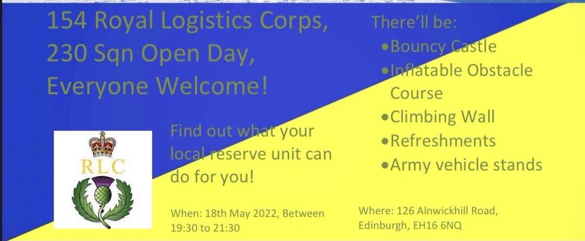 154ScottishRegt's tweet photo. Come along &amp; visit your Local Reserve Unit

Open Evening at 230 ( Edinburgh) Squadron 

Wed 18th May 1930 -2130

@hrfca
@ACCEdinburgh @ArmyCadetsScot 
@Army_Engagement @ACCDundee @ArmyinScotland @ScotlandAtu 

#Community #Family #Friendly
#Reserved4More https://t.co/0FmZvxHYLD
