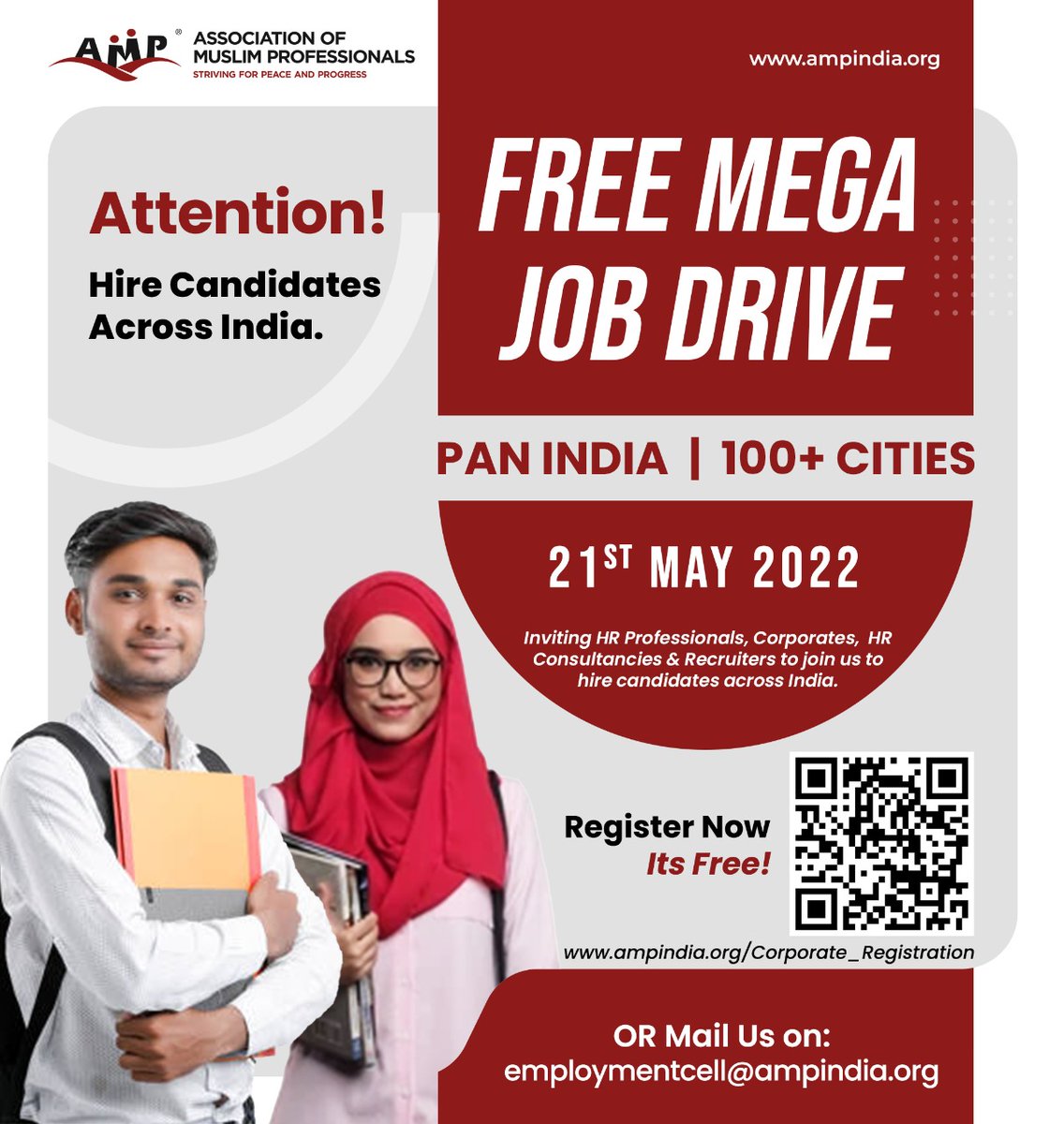 Corporate Invite: 
Attn: #HRProfessionals

We are organizing Job Drives in 110 cities across India on Saturday, 21 May.
Locations: bit.ly/JobDrive100Cit…

Pls register:
ampindia.org/Corporate_Regi…

OR 
Email on: employmentcell@ampindia.org

Pls AMPLIFY.

#HR #Jobs