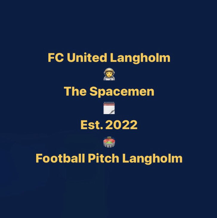 MurrayTerriers's tweet photo. ⚽️ #FCUnitedLangholm
🧑🚀 The #Spacemen
🗓 Est. 2022
🏟 Football Pitch Langholm
#FCUnited #United #UnitedLangholm #FCUN #Spaceman #Astronaut #Astronauts #Langholm #MuckleToon #ClanArmstrong #Eskdale #A7 #Dumfriesshire #DumfriesandGalloway #Scotland #Football #Soccer #GraphicDesign https://t.co/uNszWkRFqG