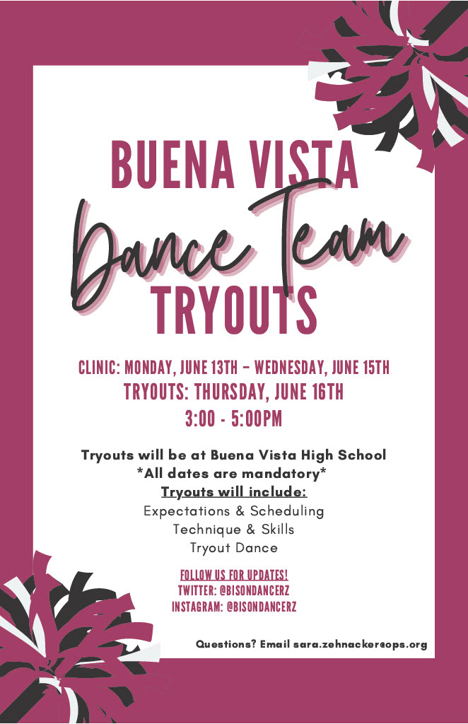 Happening Soon:  Buena Vista Dance Team Clinic and Tryouts! #BringontheBison