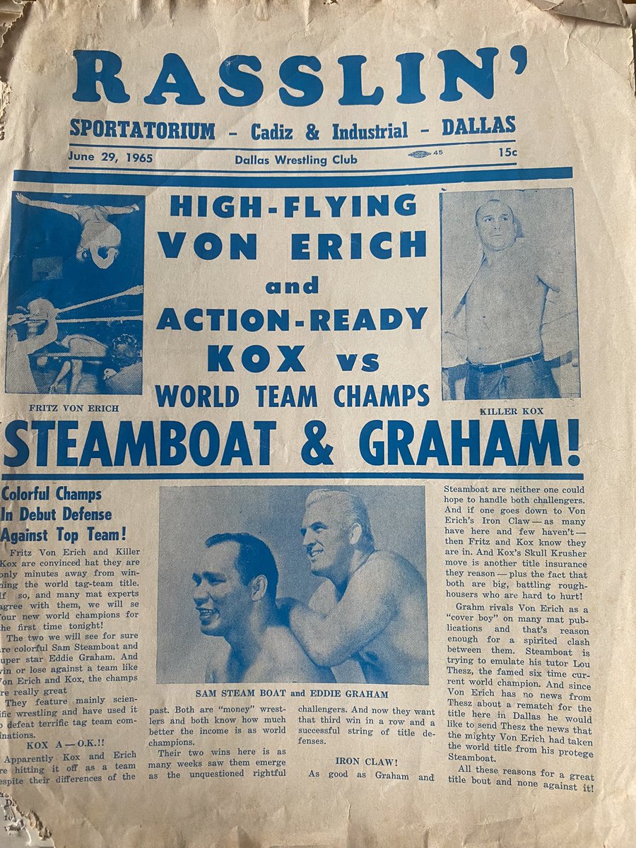 OfficialNWCA1's tweet photo. June 29 1965 - Dallas Texas
Eddie Graham and Sam Steamboat vs Fritz Von Erich and Killer Kox
#wrestlinghistory #wrestlingprograms #wrestling https://t.co/lXrnqFCQA6