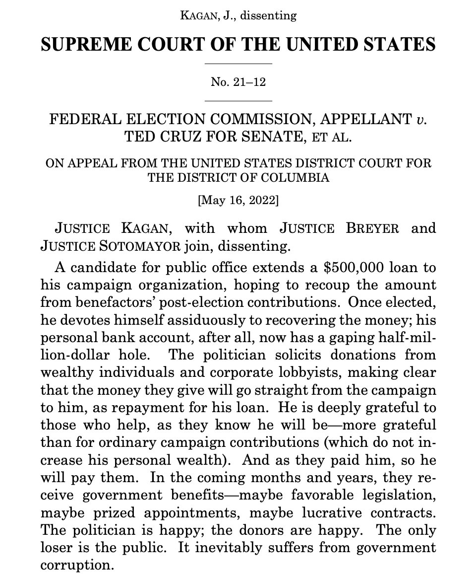 chrisgeidner's tweet photo. Kagan, in dissent: "The politician is happy; the donors are happy. The only loser is the public." https://t.co/BHajYAwbWn