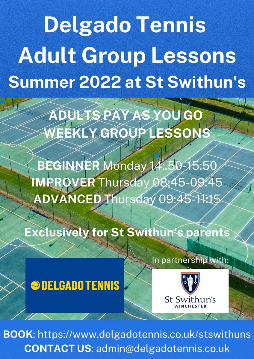 New Delgado Tennis adult pay as you go sessions starting WC 23rd May for St Swithuns parents only. To sign up book here tickettailor.com/events/delgado…