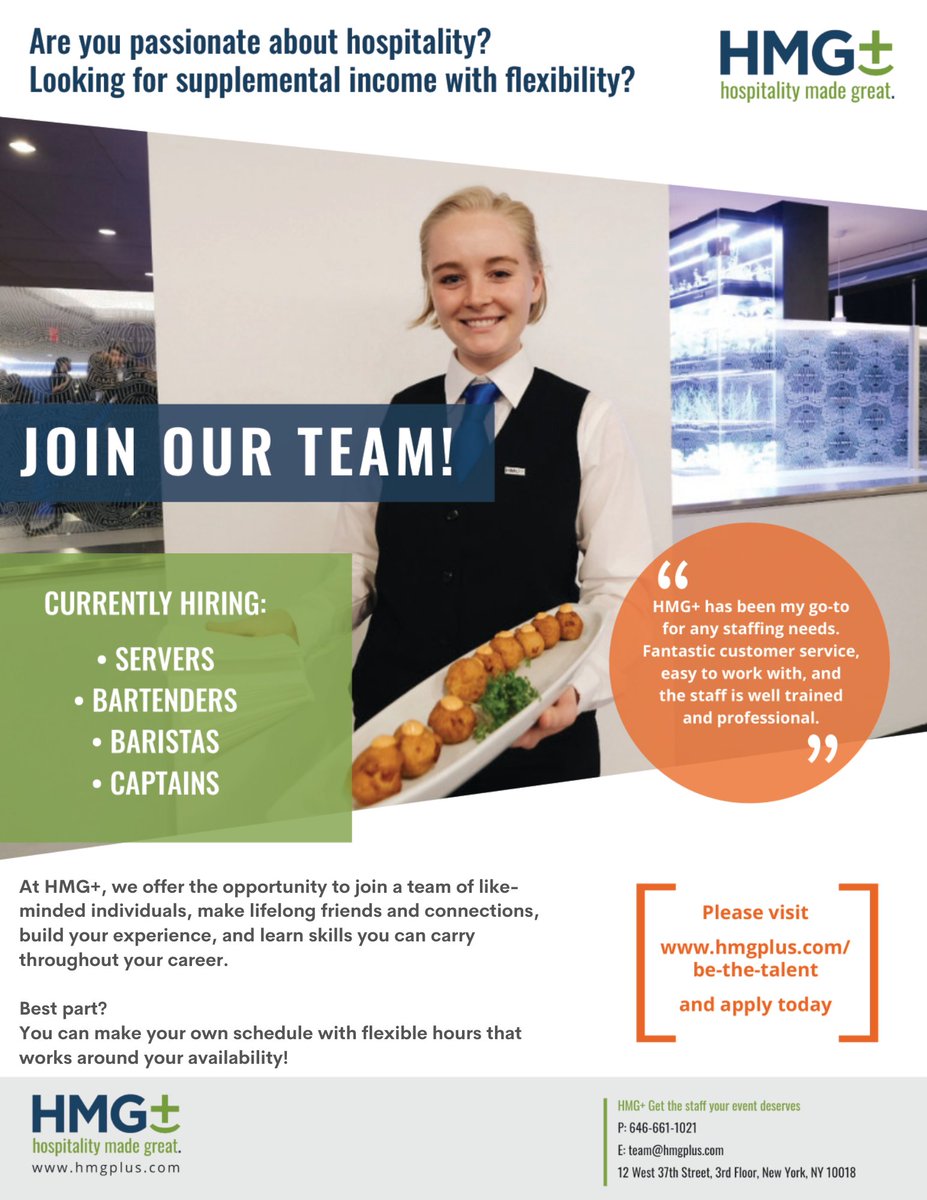 Whether you're searching for your part-time flexible summer job or you're next corporate job, HMG+ has a place for you! Apply today at hmgplus.com/be-the-talent #werehiring #nycjobs