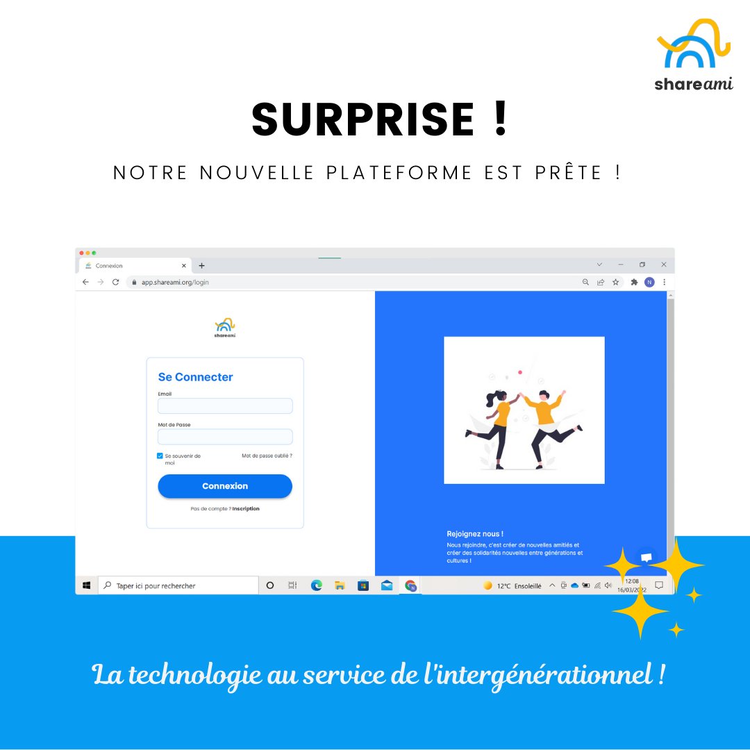 Surprise 🎉 Ça y est !
Notre nouvelle #plateforme est lancée !
Après des mois de conception, on vous annonce le lancement de notre nouvelle #plateforme de mise en relation ShareAmi qui nous permettra de créer plus facilement des amitiés #intergénérationnelles. Merci au #VIVALab !