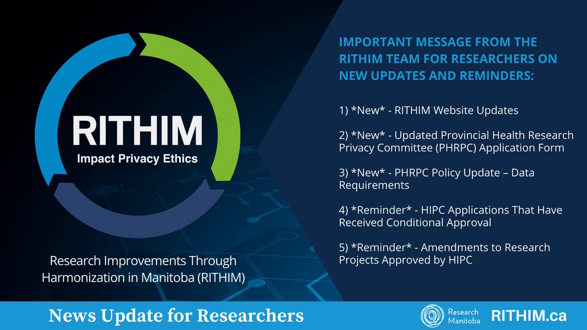 Research_MB's tweet photo. NEW UPDATES AND REMINDERS FOR RESEARCHERS FROM THE RITHIM TEAM:
Please visit the RITHIM website to read the full communication and to download a PDF version for your records: https://t.co/9piBRXkDoS
#Manitoba #ResearchMB #RITHIM #HealthResearch #Impact #Privacy #Ethics https://t.co/IsEcHh0gmD