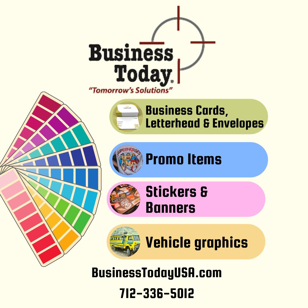 BusinessTodaySL's tweet photo. From restaurant menus🥘to vehicle wraps🚗, we're your printing headquarters in NW Iowa.

https://t.co/r7a92ADaGF
712-336-5012

#letterheadandenvelopes #businesscards #vehiclewraps #banners #copiesandprints #designandprint #spiritlakeiowa https://t.co/rZKK73cm3i
